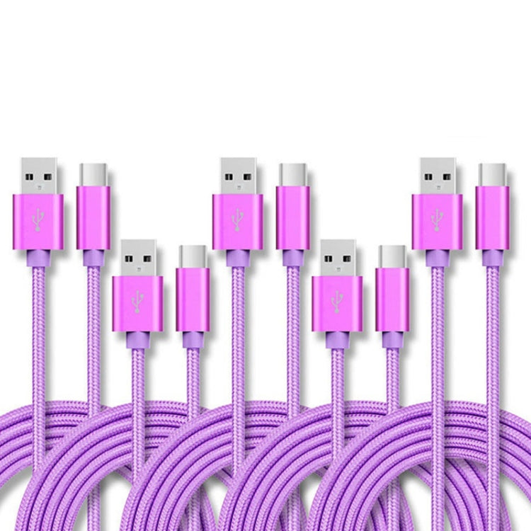 5 PCS USB to USB-C / Type-C Nylon Braided Charging Data Transmission Cable, 1m, 2m, 3m