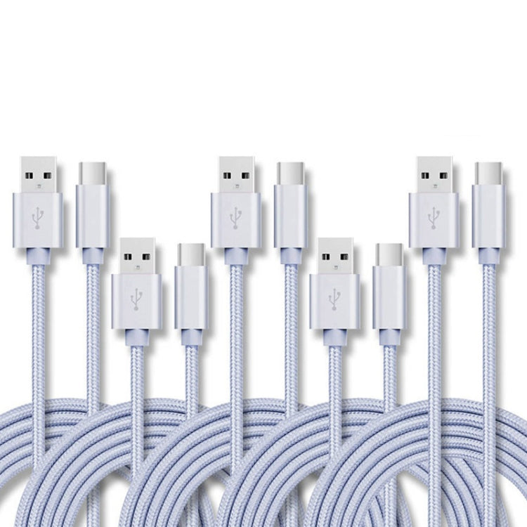 5 PCS USB to USB-C / Type-C Nylon Braided Charging Data Transmission Cable, 1m, 2m, 3m