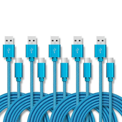 5 PCS USB to USB-C / Type-C Nylon Braided Charging Data Transmission Cable, 1m, 2m, 3m