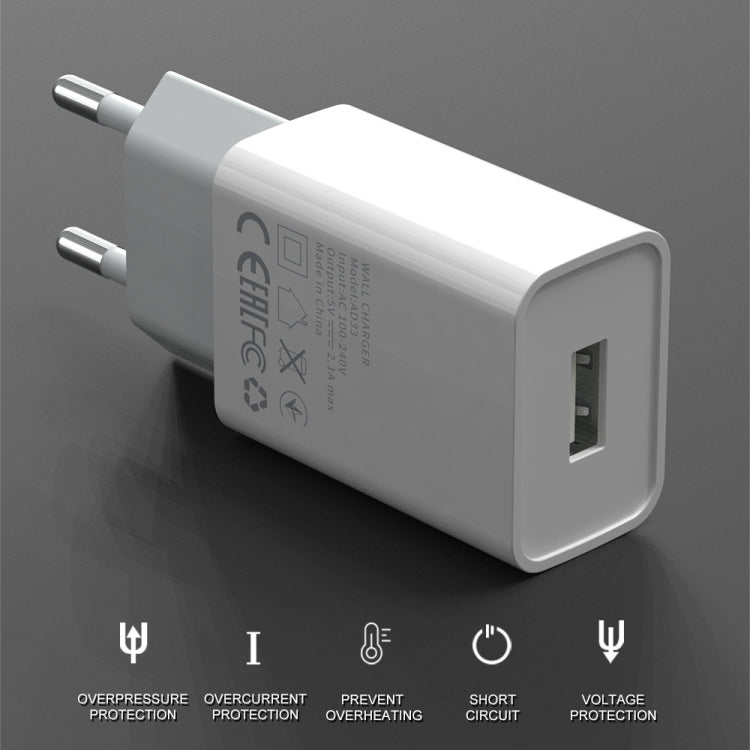 IVON AD-33 2 in 1 2.1A Single USB Port Travel Charger + 1m USB to Micro USB Data Cable Set,, EU P...