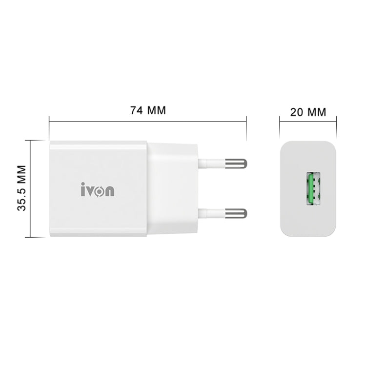 IVON AD-35 2 in 1 18W QC3.0 USB Port Travel Charger + 1m USB to Micro USB Data Cable Set,, EU Plu...