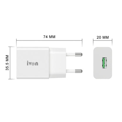 IVON AD-35 2 in 1 18W QC3.0 USB Port Travel Charger + 1m USB to Micro USB Data Cable Set,, EU Plu...