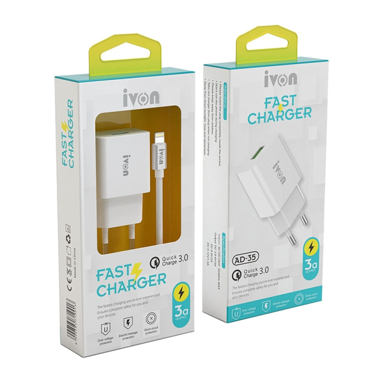 IVON AD-35 2 in 1 18W QC3.0 USB Port Travel Charger + 1m USB to Micro USB Data Cable Set,, EU Plu...