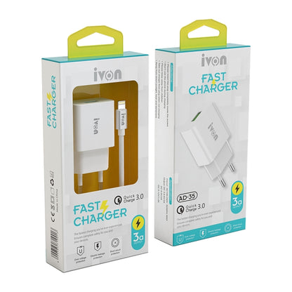 IVON AD-35 2 in 1 18W QC3.0 USB Port Travel Charger + 1m USB to Micro USB Data Cable Set,, EU Plu...