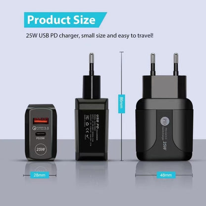 25W PD Type-C + QC3.0 USB Ports Travel Charger, UK Plug