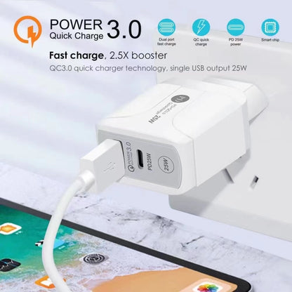 25W PD Type-C + QC3.0 USB Ports Travel Charger, UK Plug