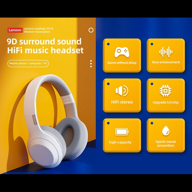 Lenovo TH10 Wireless Bluetooth Gaming Bass Music Sports Noise-cancelling Headphone, TH10 White���...