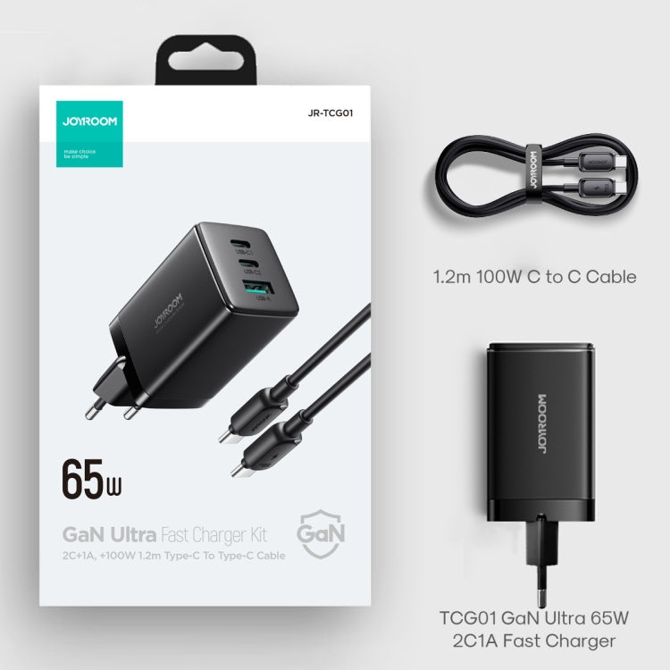 JOYROOM TCG01 GaN Ultra 65W 2 Type-C + 1 USB Fast Charger with 1.2m Type-C Cable, EU Plug, UK Plug