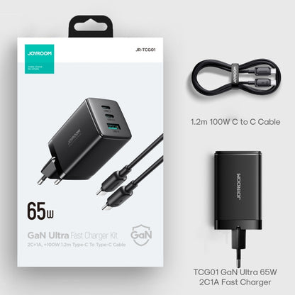 JOYROOM TCG01 GaN Ultra 65W 2 Type-C + 1 USB Fast Charger with 1.2m Type-C Cable, EU Plug, UK Plug
