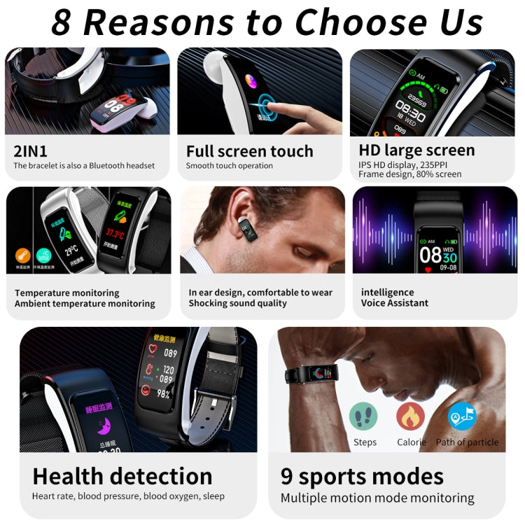 K60 1.08 inch Leather Band Earphone Detachable Life Waterproof Smart Watch Support Bluetooth Call...