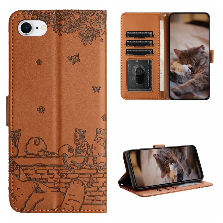 Cat Embossing Pattern Leather Phone Case with Lanyard