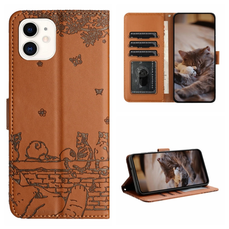 Cat Embossing Pattern Leather Phone Case with Lanyard