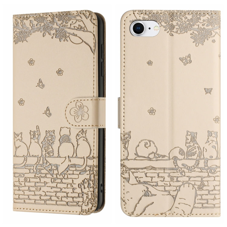 Cat Embossing Pattern Leather Phone Case with Lanyard