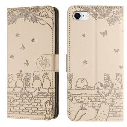 Cat Embossing Pattern Leather Phone Case with Lanyard