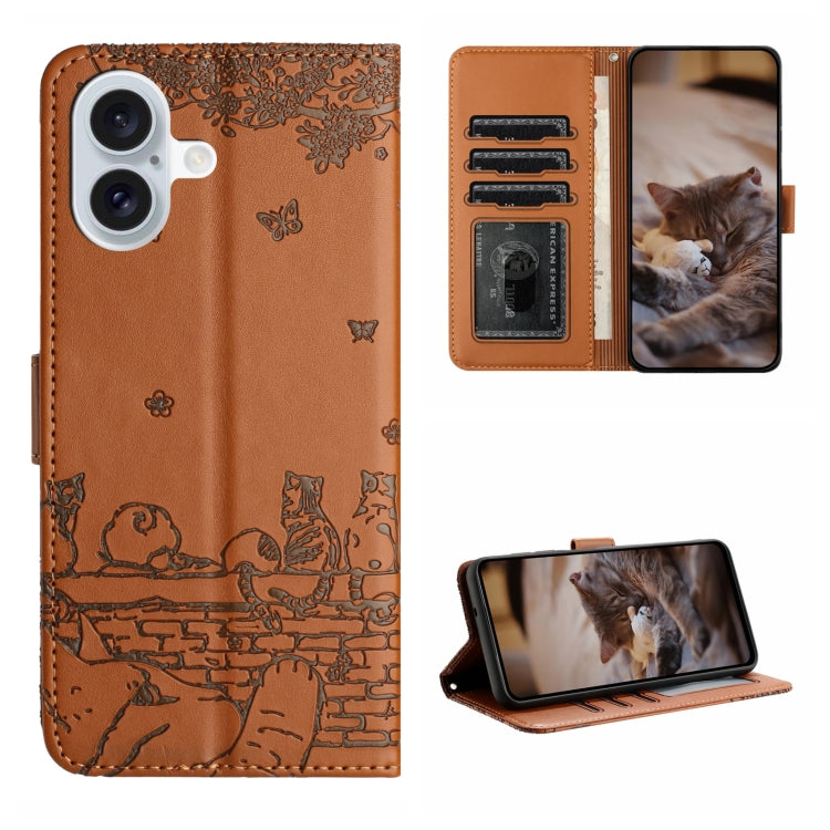Cat Embossing Pattern Leather Phone Case with Lanyard