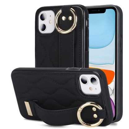 Non-slip Full Coverage Ring PU Phone Case with Wristband, For iPhone 12 Pro / 12�����������������...