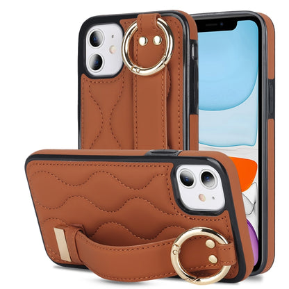 Non-slip Full Coverage Ring PU Phone Case with Wristband, For iPhone 12 Pro / 12�����������������...