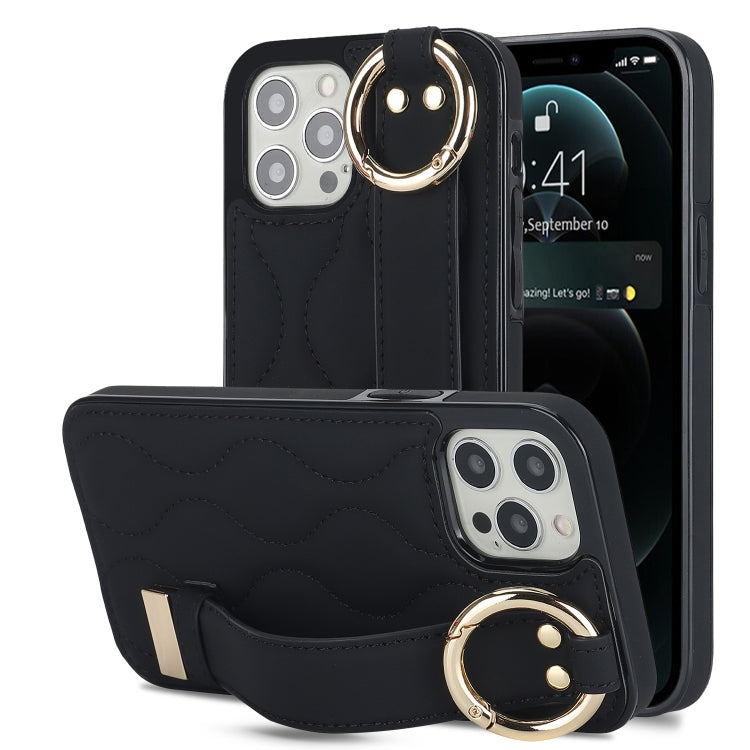 Non-slip Full Coverage Ring PU Phone Case with Wristband, For iPhone 12 Pro / 12�����������������...