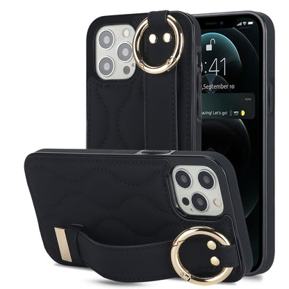 Non-slip Full Coverage Ring PU Phone Case with Wristband, For iPhone 12 Pro / 12�����������������...
