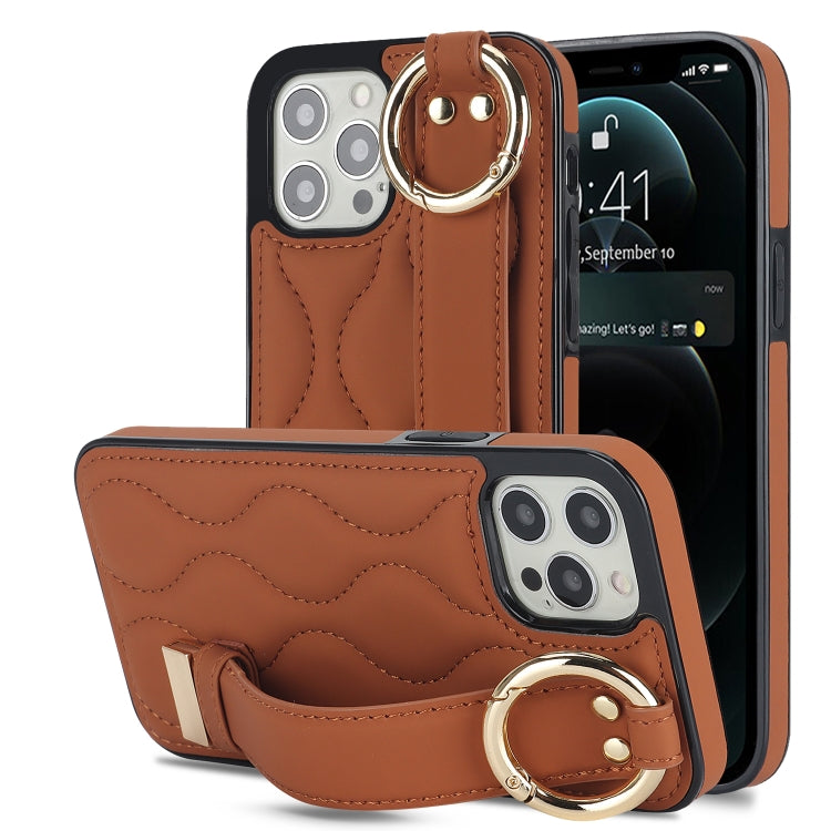 Non-slip Full Coverage Ring PU Phone Case with Wristband, For iPhone 12 Pro / 12�����������������...