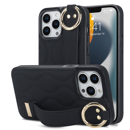 Non-slip Full Coverage Ring PU Phone Case with Wristband, For iPhone 16 Pro Max, For iPhone 16 Pr...