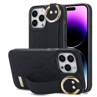 Non-slip Full Coverage Ring PU Phone Case with Wristband, For iPhone 16 Pro Max, For iPhone 16 Pr...
