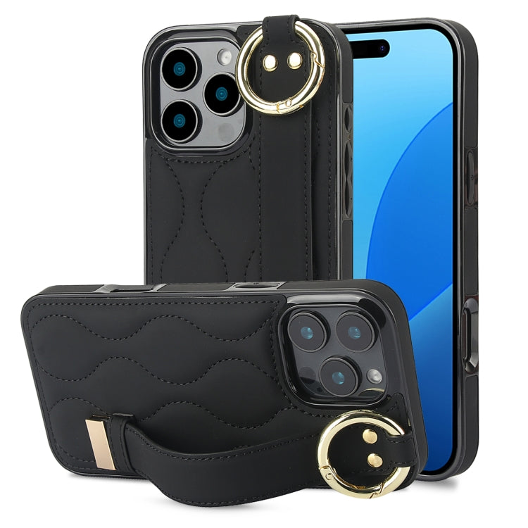 Non-slip Full Coverage Ring PU Phone Case with Wristband, For iPhone 16 Pro Max, For iPhone 16 Pr...
