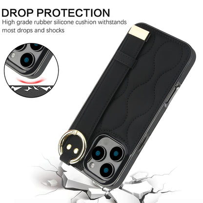 Non-slip Full Coverage Ring PU Phone Case with Wristband, For iPhone 16 Pro Max, For iPhone 16 Pr...