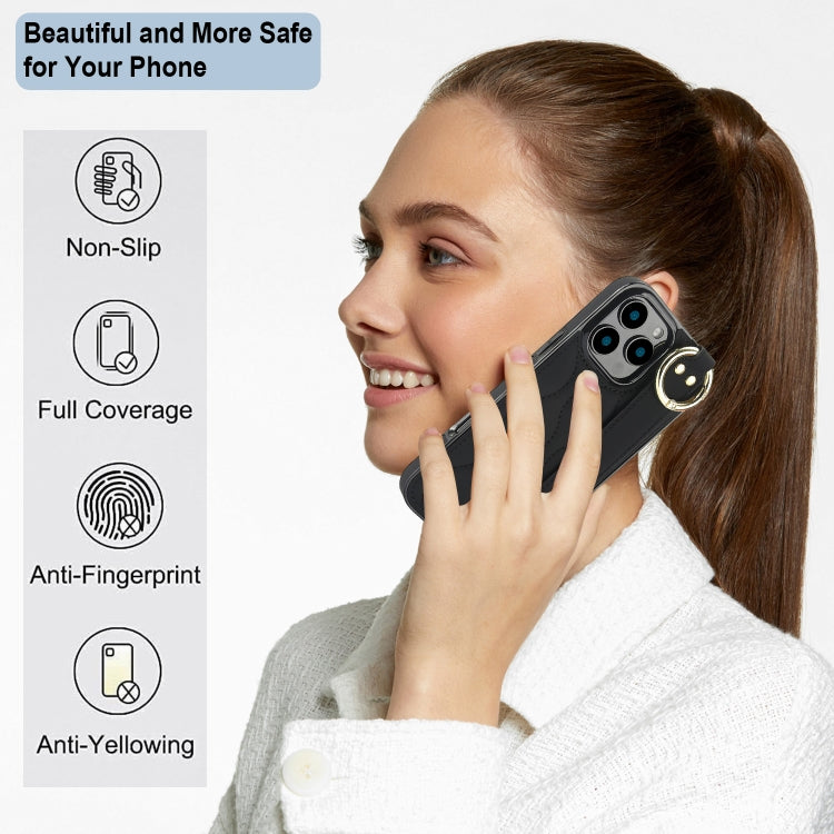 Non-slip Full Coverage Ring PU Phone Case with Wristband, For iPhone 16 Pro Max, For iPhone 16 Pr...