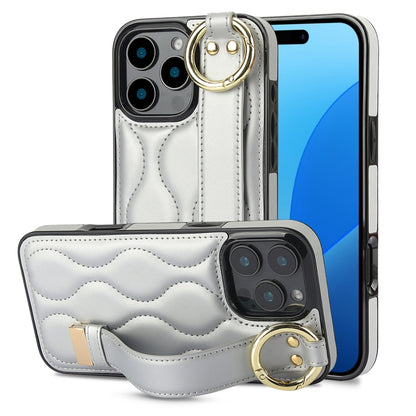 Non-slip Full Coverage Ring PU Phone Case with Wristband, For iPhone 16 Pro Max, For iPhone 16 Pr...