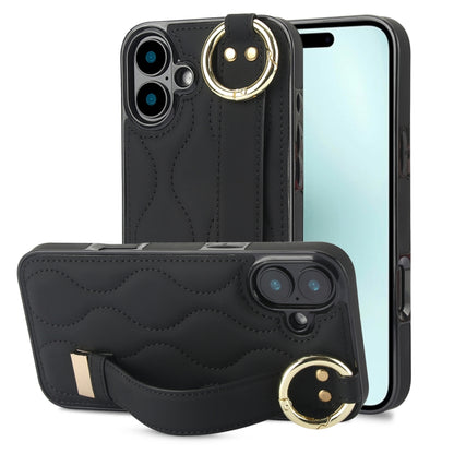 Non-slip Full Coverage Ring PU Phone Case with Wristband, For iPhone 16 Pro Max, For iPhone 16 Pr...