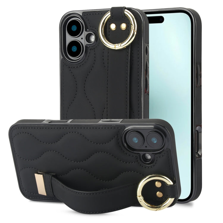 Non-slip Full Coverage Ring PU Phone Case with Wristband, For iPhone 16 Pro Max, For iPhone 16 Pr...