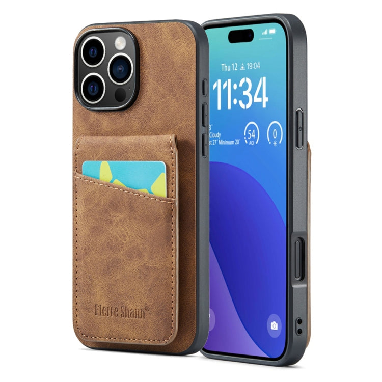 Fierre Shann Crazy Horse Card Holder Back Cover PU Phone Case, For iPhone 16 Pro Max�������������...