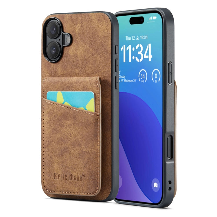 Fierre Shann Crazy Horse Card Holder Back Cover PU Phone Case, For iPhone 16 Pro Max�������������...