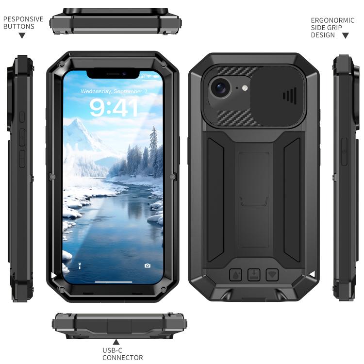 R-JUST Sliding Camera IP54 Life Waterproof Holder Phone Case, For iPhone 16e, For iPhone 16 Pro M...