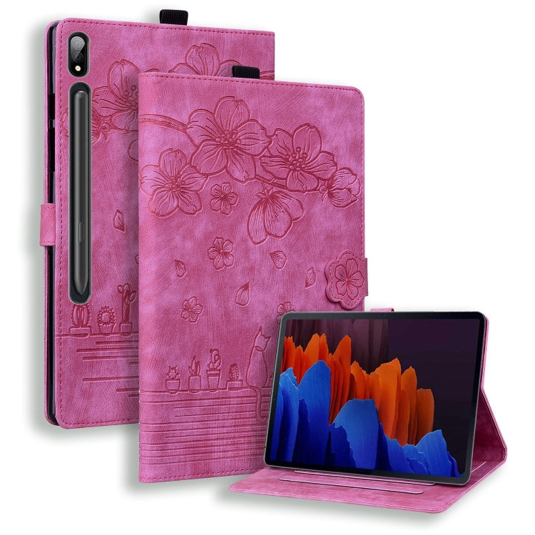Cartoon Sakura Cat Embossed Leather Tablet Case