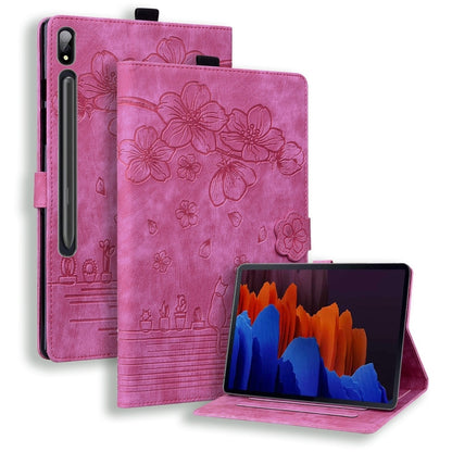 Cartoon Sakura Cat Embossed Leather Tablet Case