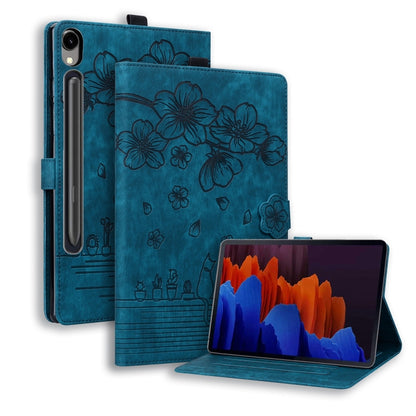 Cartoon Sakura Cat Embossed Leather Tablet Case
