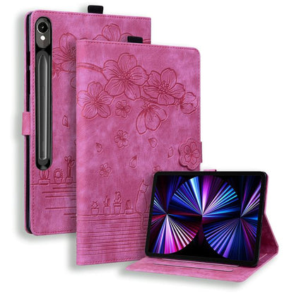 Cartoon Sakura Cat Embossed Leather Tablet Case