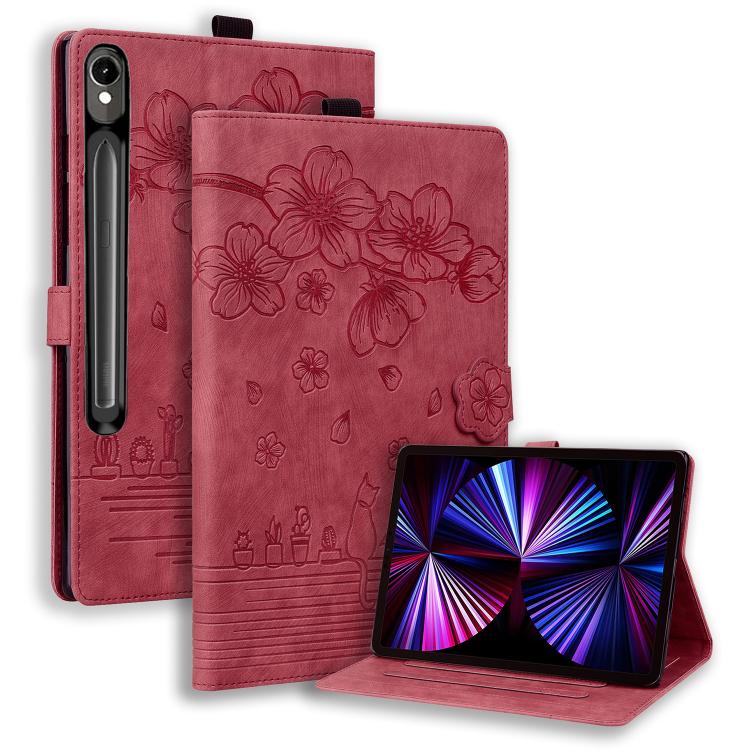 Cartoon Sakura Cat Embossed Leather Tablet Case