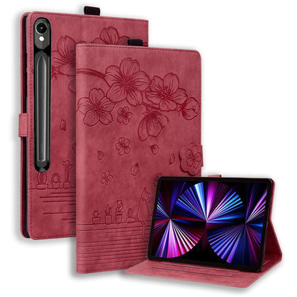 Cartoon Sakura Cat Embossed Leather Tablet Case