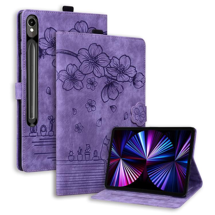 Cartoon Sakura Cat Embossed Leather Tablet Case