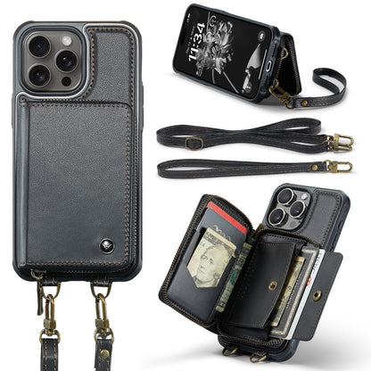 JEEHOOD C22 Series Zipper Wallet Leather Phone Case with Dual Lanyard, For iPhone 16 Pro Max�����...