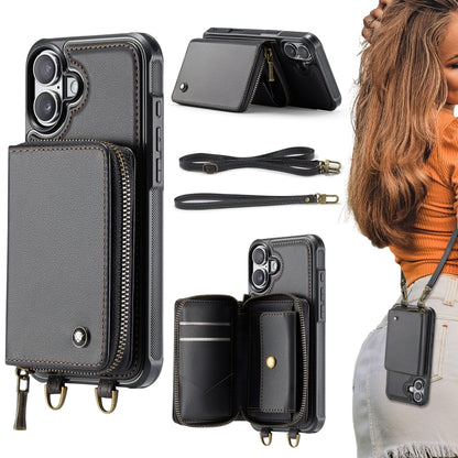 JEEHOOD C22 Series Zipper Wallet Leather Phone Case with Dual Lanyard, For iPhone 16 Pro Max�����...