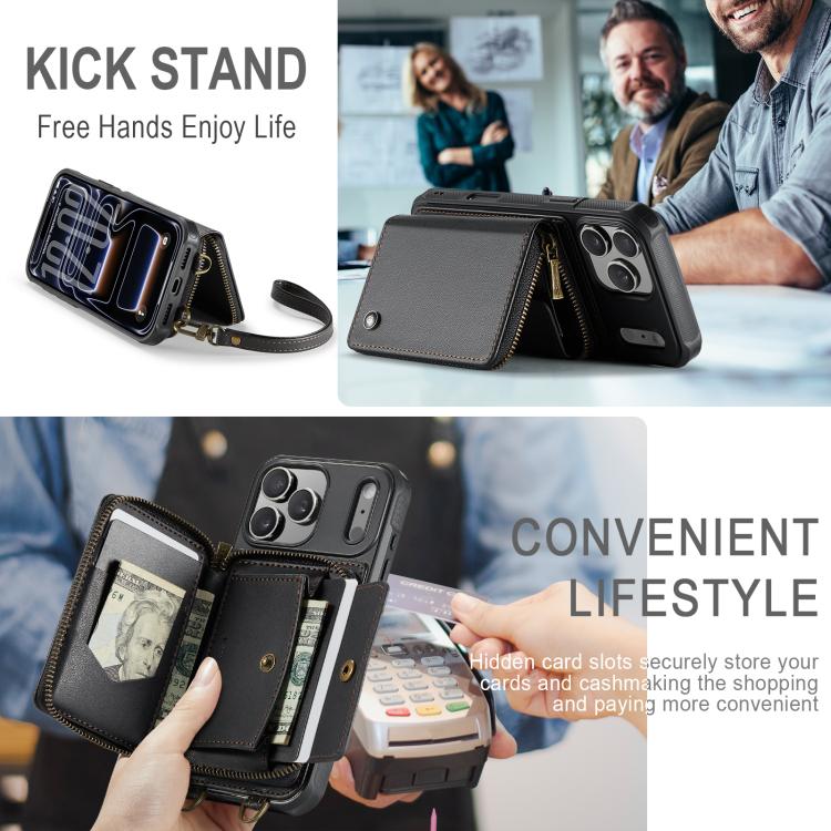 JEEHOOD C22 Series Zipper Wallet Leather Phone Case with Dual Lanyard