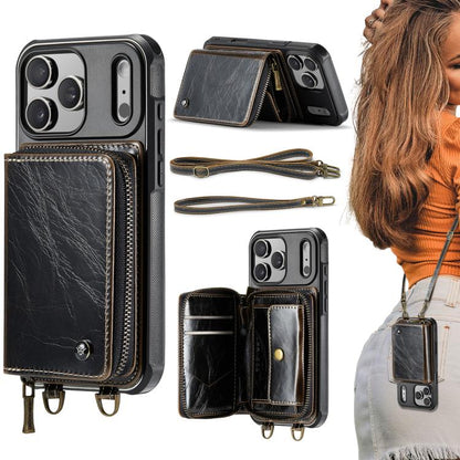 JEEHOOD C22 Series Zipper Wallet Leather Phone Case with Dual Lanyard