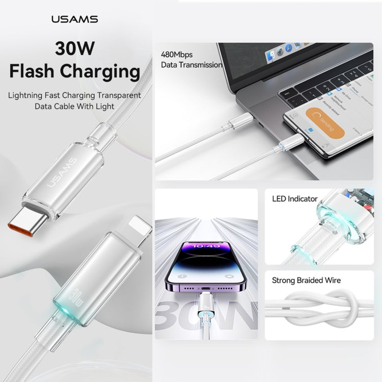 USAMS Type-C To 8 Pin Aluminum Alloy Clear LED 30W PD Fast Charge Data Cable, Length:1.2m��������...