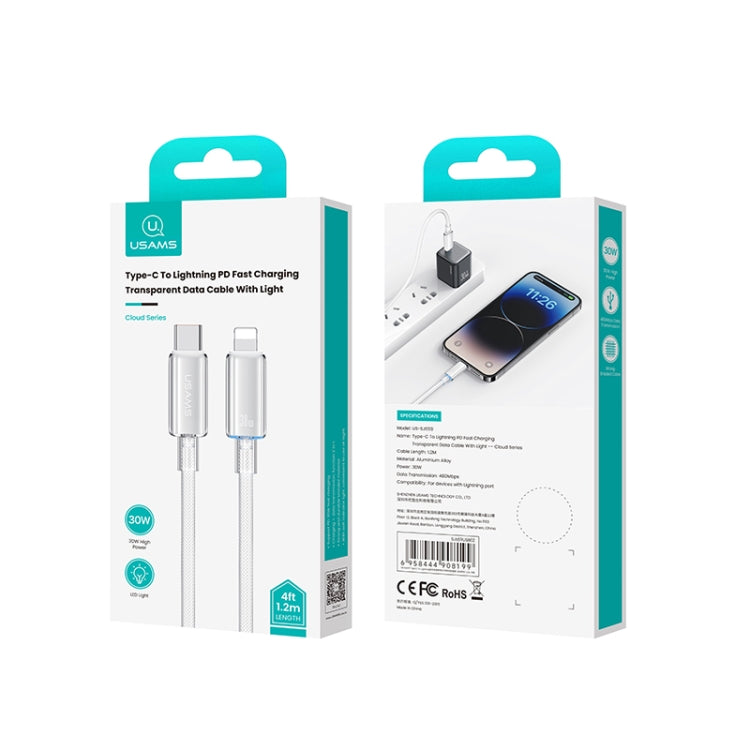 USAMS Type-C To 8 Pin Aluminum Alloy Clear LED 30W PD Fast Charge Data Cable, Length:1.2m��������...