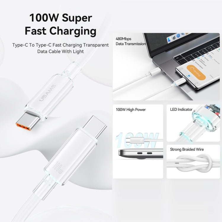 USAMS Type-C To Type-C Aluminum Alloy Clear LED 100W Fast Charge Data Cable, Length:1.2m���������...