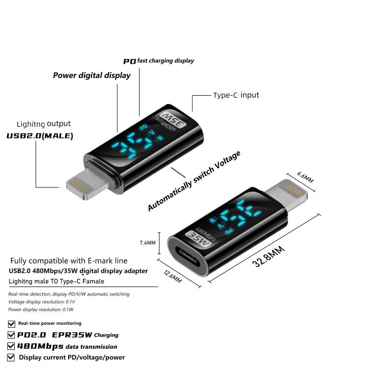 Charging Adapter with Digital Display, 8 Pin Male to Type-C Female 35W���������������������������...